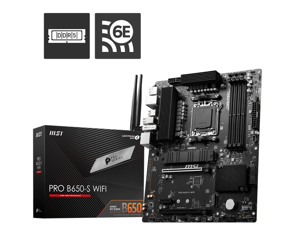 MSI PRO B650-S WIFI Motherboard, ATX - Supports AMD Ryzen 7000 Series Processors, AM5 - DDR5 Memory Boost 6000+MHz/OC, 2 x PCIe 4.0 x16, 2 x M.2 Gen4, Wi-Fi 6E