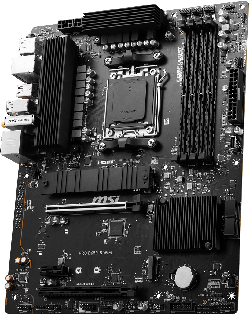 MSI PRO B650-S WIFI Motherboard, ATX - Supports AMD Ryzen 7000 Series Processors, AM5 - DDR5 Memory Boost 6000+MHz/OC, 2 x PCIe 4.0 x16, 2 x M.2 Gen4, Wi-Fi 6E